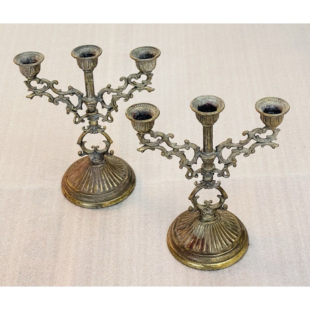 Vintage Italian Interpur Brass 3 Arm Mini Candelabra Set 2 Candle Holders 5"